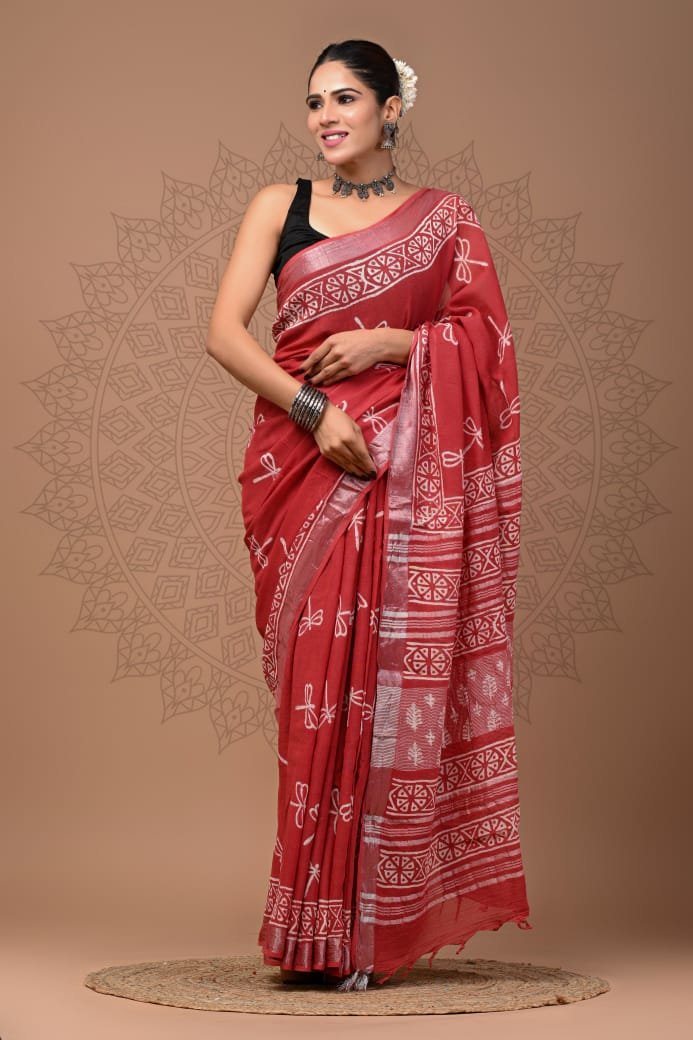 Hand Block Printed Linen Saree with Blouse